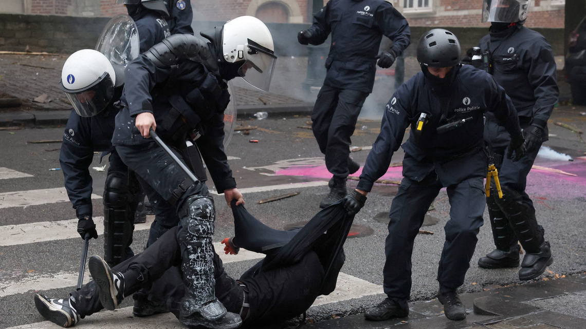 Protesters clash with police in Brussels as unions and students march 
