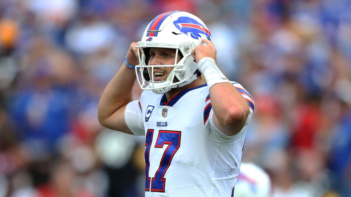 Buffalo Bills quarterback Josh Allen calls signals during the second half of an NFL football game against the Pittsburgh Steelers in Orchard Park, N.Y., Sunday, Sept. 12, 2021. (AP Photo/Joshua Bessex)