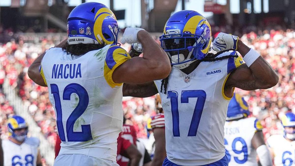  Matthew Stafford has a two-headed monster to throw to in Puka Nacua and Davante Adams. | Cary Edmondson-Imagn Images 