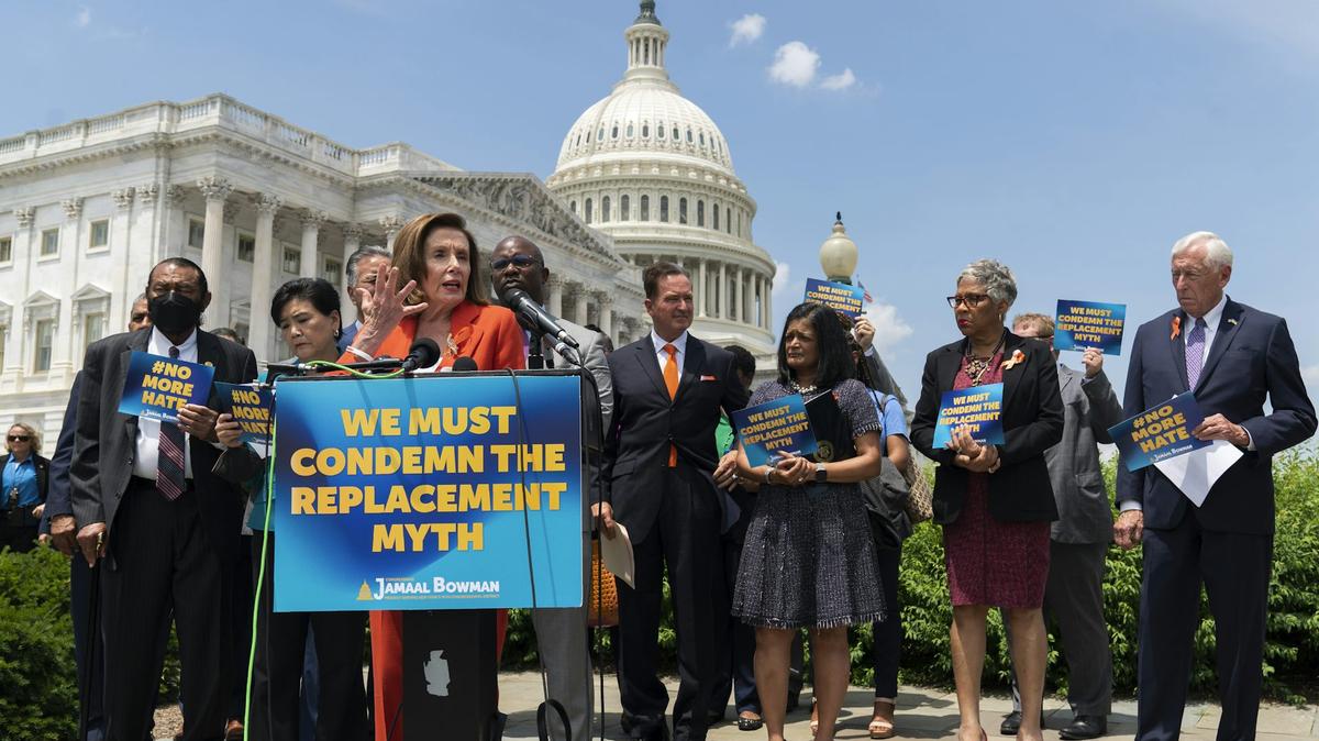 House Speaker Nancy Pelosi speaks on Capitol Hill on June 8, 2022, about a resolution condemning the great replacement theory. 