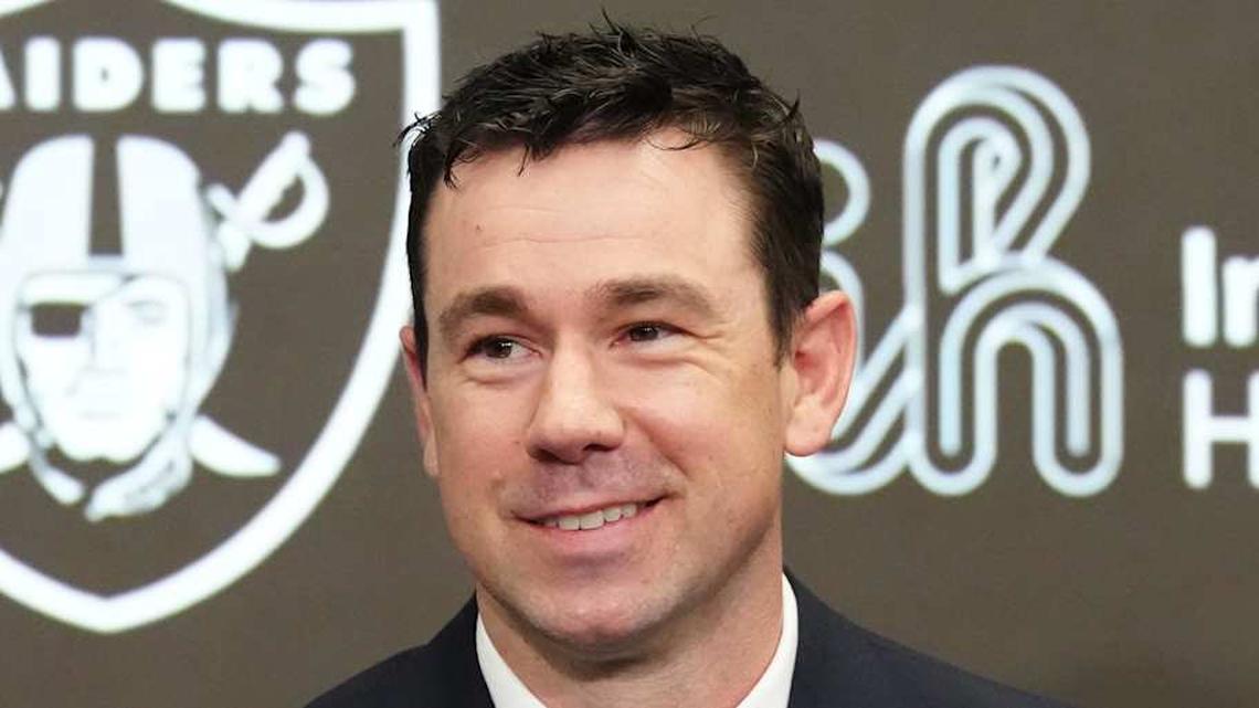  Feb 10, 2026; Henderson, NV, USA; Las Vegas Raiders coach Klint Kubiak speaks at introductory press conference at Intermountain Health Performance Center. Mandatory Credit: Kirby Lee-Imagn Images | Kirby Lee-Imagn Images 