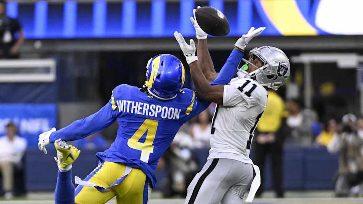  Oct 20, 2024; Inglewood, California, USA; Los Angeles Rams cornerback Ahkello Witherspoon (4) knocks the ball away intended for Las Vegas Raiders wide receiver Tre Tucker (11) during the second half at SoFi Stadium. Mandatory Credit: Alex Gallardo-Imagn Images | Alex Gallardo-Imagn Images 