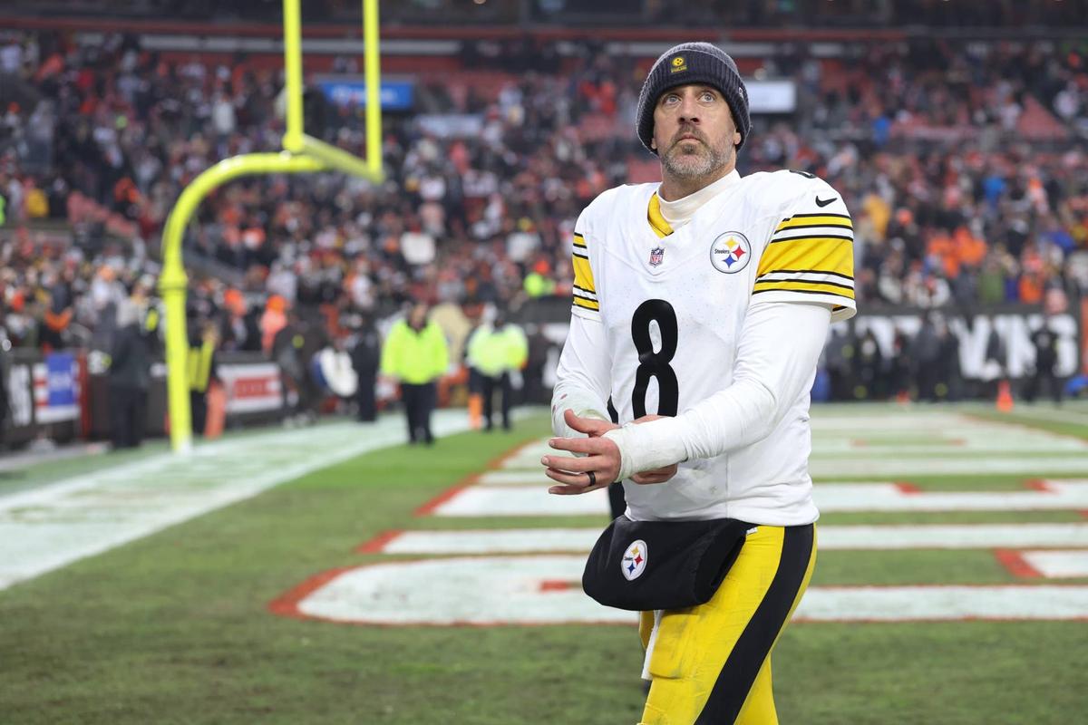  Dec 28, 2025; Cleveland, Ohio, USA; Pittsburgh Steelers quarterback Aaron Rodgers (8) looks on after the game against the Cleveland Browns at Huntington Bank Field. Mandatory Credit: Scott Galvin-Imagn Images 