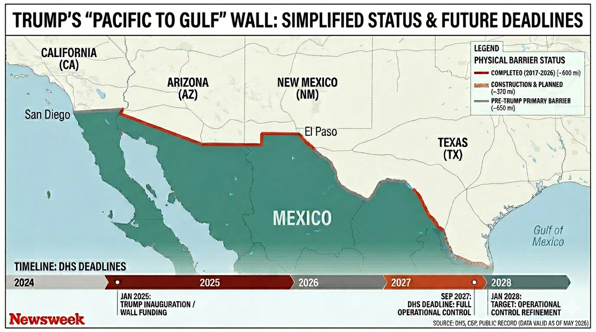  Homeland Security Secretary Markwayne Mullin said the administration aims to complete a primary southern border wall stretching from the Pacific to the Gulf of America by mid-2027, outlining an accelerated construction timeline. 
