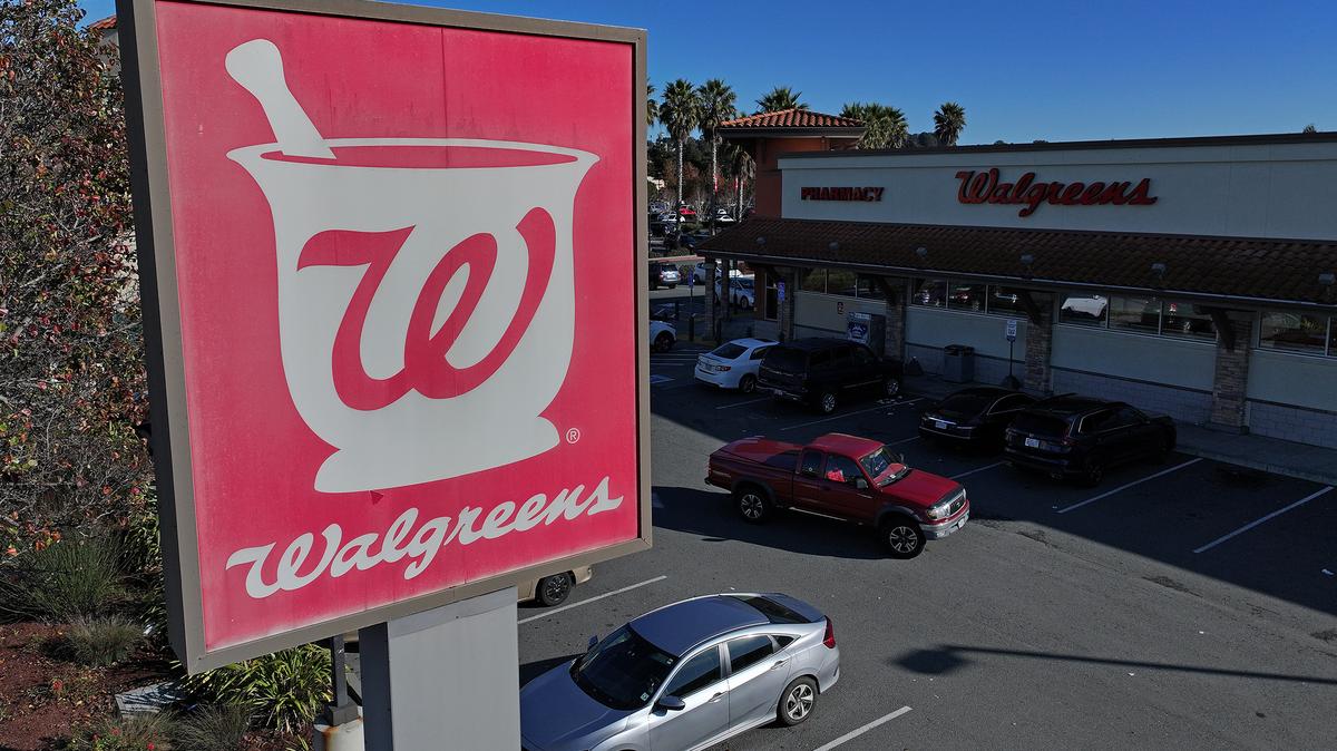 In an aerial view, a sign is posted outside of a Walgreens store on Jan. 4, 2024, in San Pablo, California. (Justin Sullivan/Getty Images/TNS)