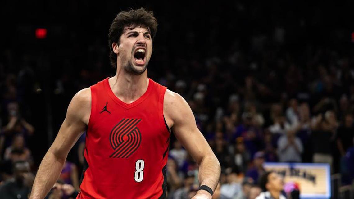  Portland Trail Blazers forward Deni Avdija celebrates against the Phoenix Suns. | Mark J. Rebilas-Imagn Images 