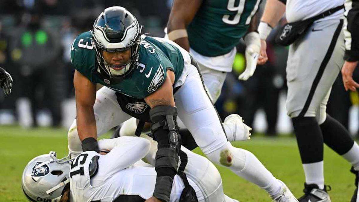  Dec 14, 2025; Philadelphia, Pennsylvania, USA; Las Vegas Raiders quarterback Kenny Pickett (15) is sacked by Philadelphia Eagles linebacker Nolan Smith Jr. (3) during the third quarter at Lincoln Financial Field. Mandatory Credit: Eric Hartline-Imagn Images | Eric Hartline-Imagn Images 