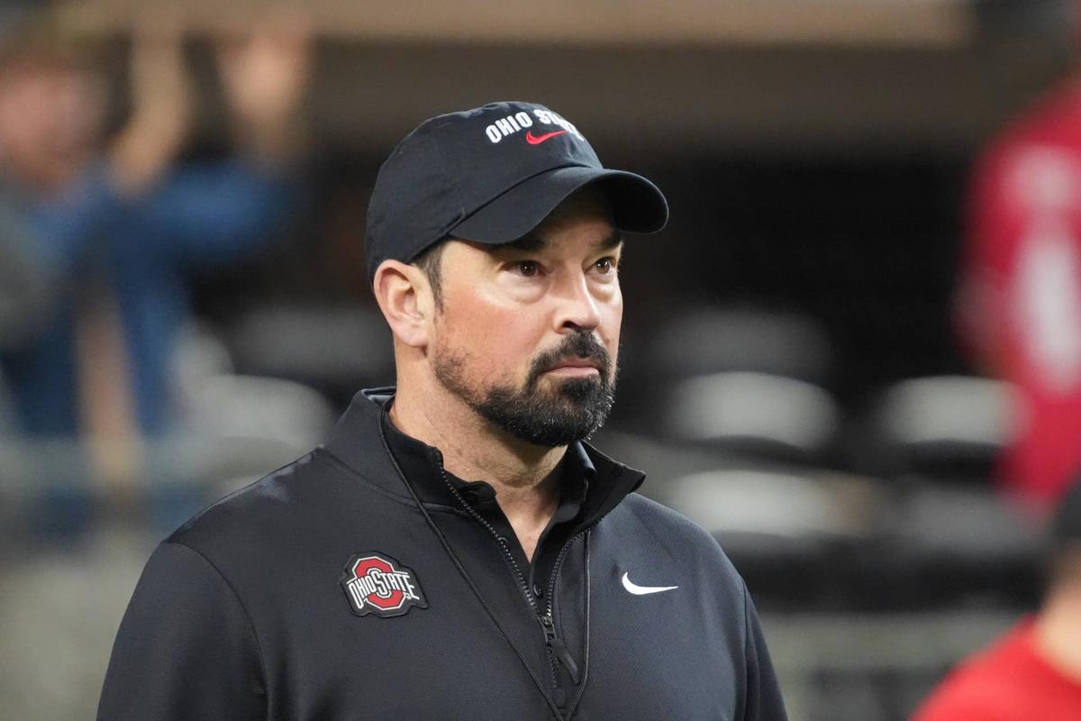  Dec 31, 2025; Arlington, TX, USA; Ohio State Buckeyes head coach Ryan Day looks on during warm ups before the 2025 Cotton Bowl and quarterfinal game of the College Football Playoff at AT&T Stadium. Mandatory Credit: Raymond Carlin III-Imagn Images 