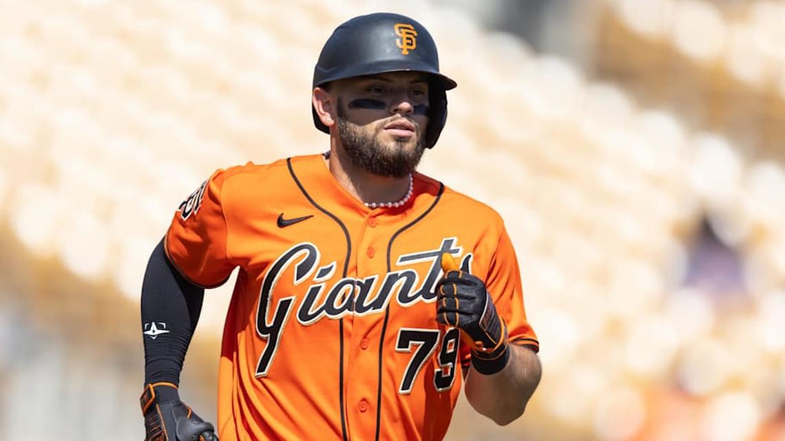  San Francisco Giants catcher Jesus Rodriguez against the Chicago White Sox during a spring training game at Camelback Ranch-Glendale. | Mark J. Rebilas-Imagn Images 