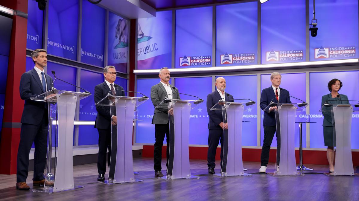 From left to right: Matt Mahan, Democratic gubernatorial candidate for California, Xavier Becerra, Democratic gubernatorial candidate for California, Chad Bianco, Republican gubernatorial candidate for California, Steve Hilton, Republican gubernatorial candidate for California, Tom Steyer, Democratic gubernatorial candidate for California and Katie Porter, Democratic gubernatorial candidate for California, during a gubernatorial debate at KRON Studios in San Francisco, California on Wednesday.