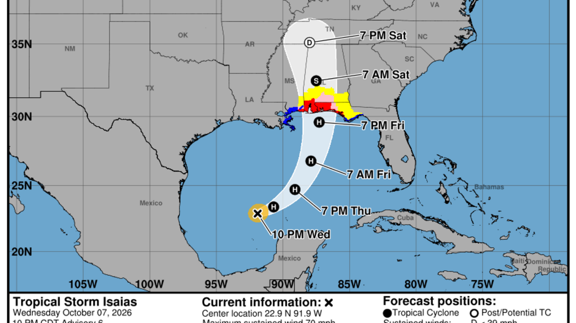 Latest update from the NHC on Tropical Storm Isaias for Wednesday, Oct. 7 