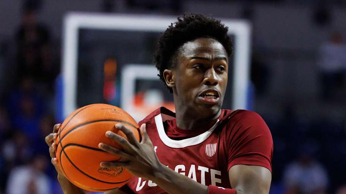  Dec 21, 2025; Gainesville, Florida, USA; Colgate Raiders guard Jalen Cox (3) drives to the basket against the Florida Gators during the first half at Exactech Arena at the Stephen C. O'Connell Center. Mandatory Credit: Matt Pendleton-Imagn Images | Matt Pendleton-Imagn Images 