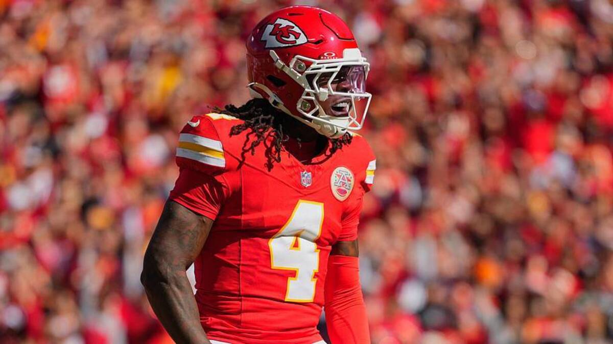  Kansas City Chiefs wide receiver Rashee Rice (4) celebrates after scoring a touchdown against the Las Vegas Raiders during the first quarter of the game at GEHA Field at Arrowhead Stadium. | Jay Biggerstaff-Imagn Images 