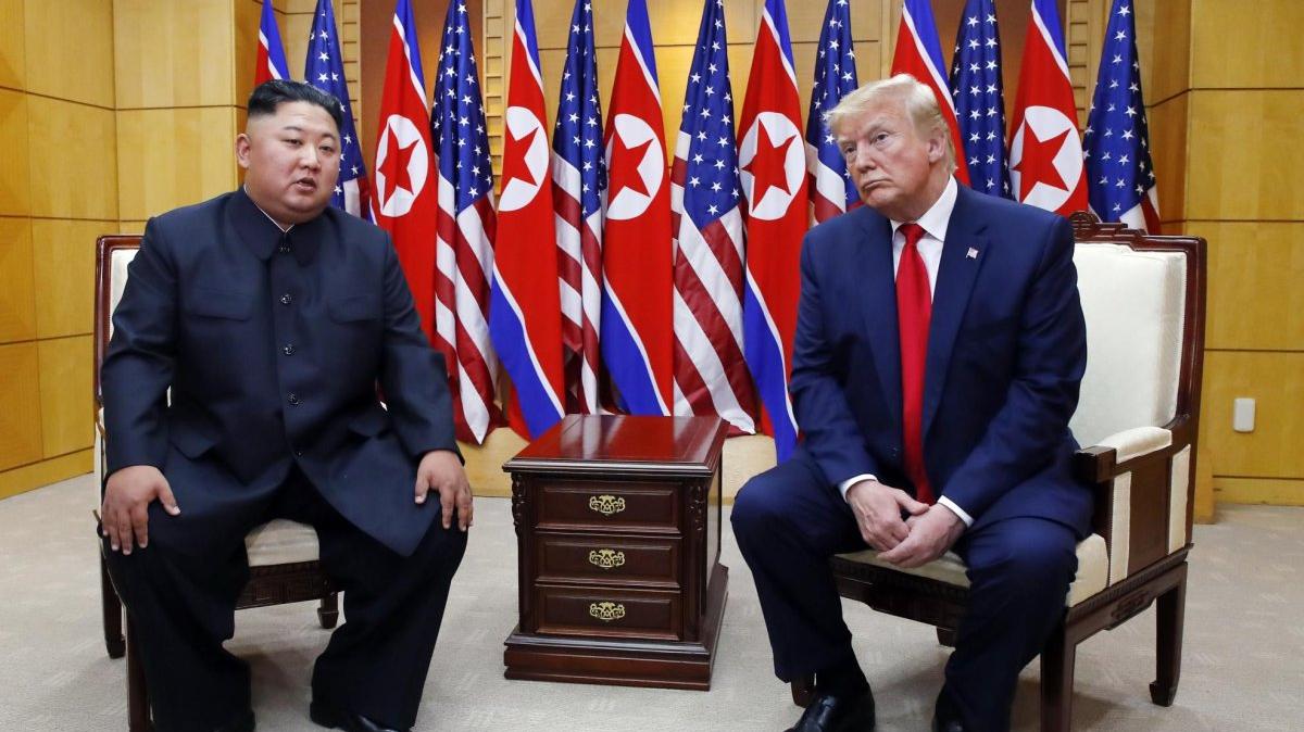 This photo, taken June 30, 2019, shows U.S. President Donald Trump and North Korean leader Kim Jong Un meeting at the House of Freedom in the inter-Korean border village of Panmunjom. File Photo by Yonhap