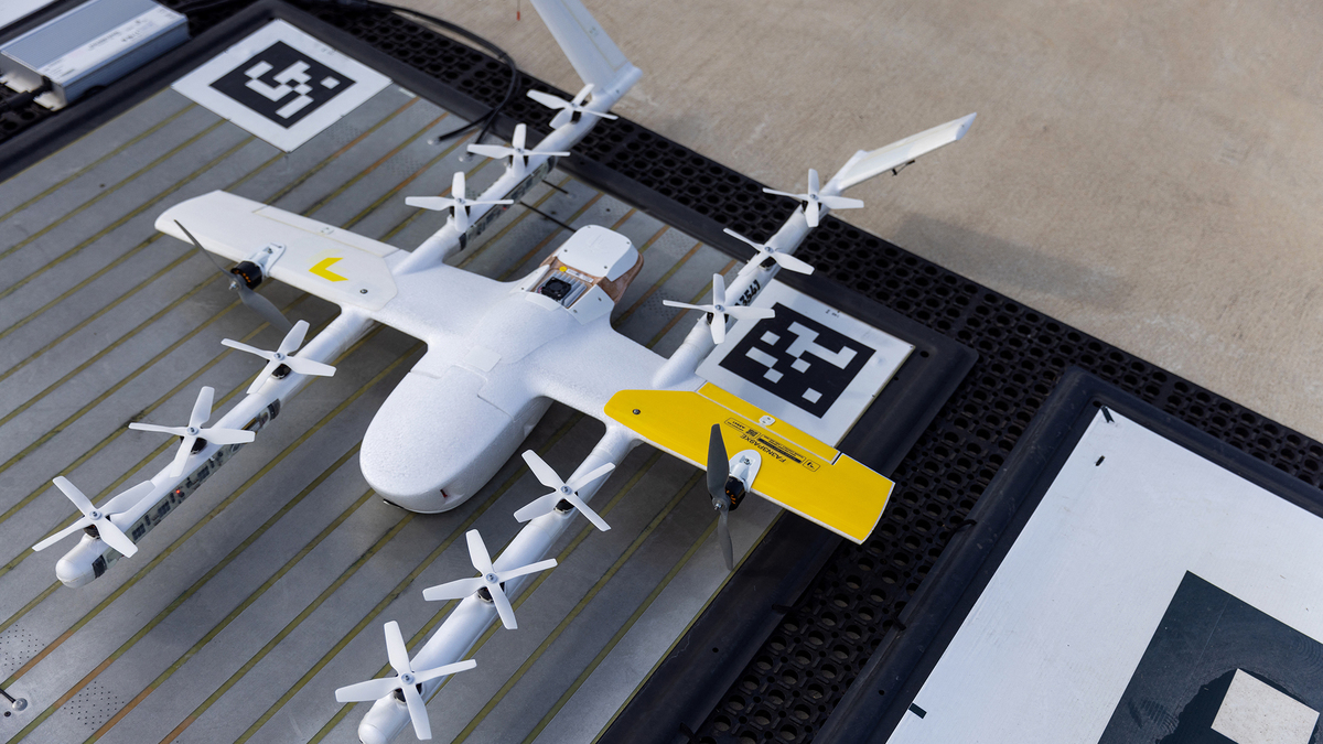 A drone at a Wing facility in Frisco, Texas, on Aug. 31, 2022. Drones could be a viable way to make transportation of potentially life-saving donated kidneys more efficient, according to a recent study.