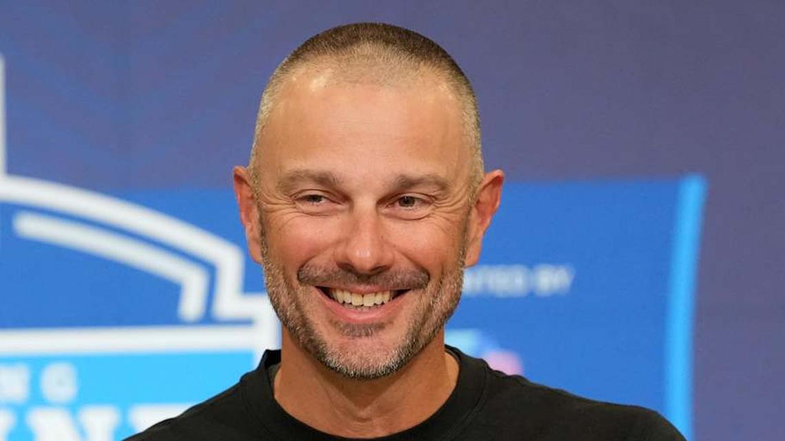  Feb 24, 2026; Indianapolis, IN, USA; Las Vegas Raiders general manager John Spytek speaks at the NFL Scouting Combine at the Indiana Convention Center. Mandatory Credit: Kirby Lee-Imagn Images | Kirby Lee-Imagn Images 