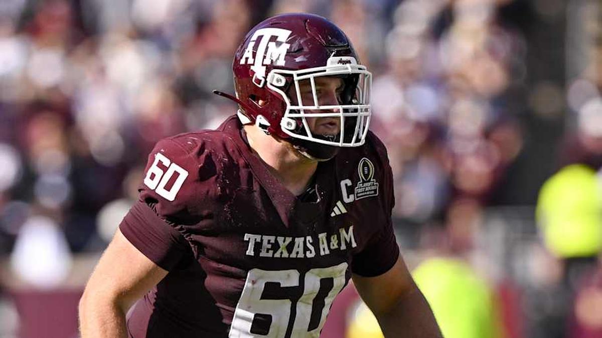  Dec 20, 2025; College Station, TX, USA; Texas A&M Aggies offensive lineman Trey Zuhn III (60) blocks the rush during the game between the Aggies and the Hurricanes at Kyle Field. Mandatory Credit: Jerome Miron-Imagn Images | Jerome Miron-Imagn Images 