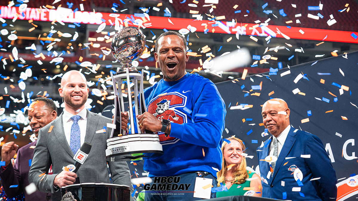  South Carolina State head coach Chennis Berry celebrates winning the 2025 Celebration Bowl title. (Steven J. Gaither)