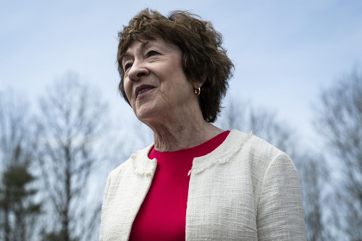  Maine Senator Susan Collins speaks to reporters in Harrison, Maine, on May 5, 2026. 