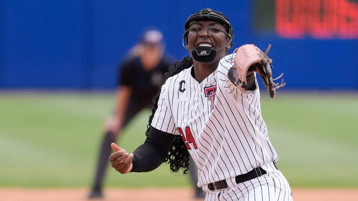  Texas Tech Red Raiders starting pitcher Nijaree Canady (24) gestures after an out during a Women's College World Series softball game between the Texas Tech Red Raiders and the Mississippi State Bulldogs at Devon Park in Oklahoma City, Thursday, May 28, 2026. | BRYAN TERRY/THE OKLAHOMAN / USA TODAY NETWORK via Imagn Images 
