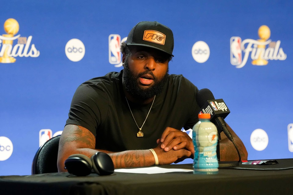  Jun 5, 2026; San Antonio, Texas, USA; New York Knicks center Mitchell Robinson (23) speaks with the media after the game between the Spurs and the Knicks in game two of the 2026 NBA Finals at Frost Bank Center. Mandatory Credit: Daniel Dunn-Imagn Images 