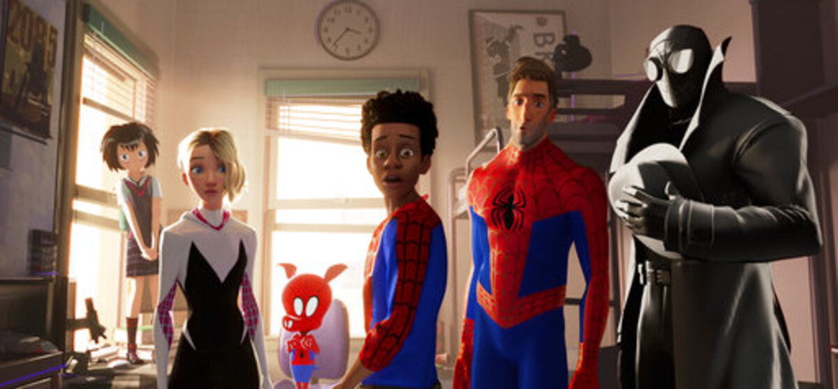 “Spider-Man: Into the Spider-Verse” with characters, from left, Peni, voiced by Kimiko Glen, Spider-Gwen, voiced by Hailee Steinfeld, Spider-Ham, voiced by John Mulaney, Miles Morales, voiced by Shameik Moore, Peter Parker, voiced by Jake Johnson, and Spider-Man Noir, voiced by Nicolas Cage.