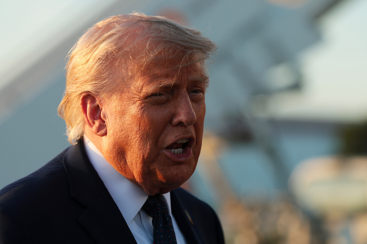  President Donald Trump speaks to reporters as he arrives at Orly Airport to attend a dinner with French President Emmanuel Macron at Chateau de Versailles on June 17 in Orly, France. Trump has issued a new message regarding the vandalism of the National Mall lawn. 