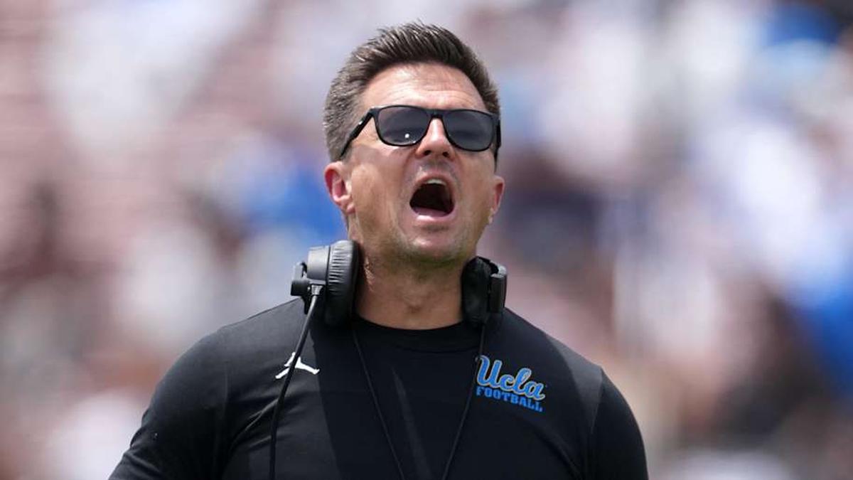  May 2, 2026; Pasadena, CA, USA; UCLA Bruins coach Bob Chesney reacts during the spring game at Rose Bowl. Mandatory Credit: Kirby Lee-Imagn Images | Kirby Lee-Imagn Images 