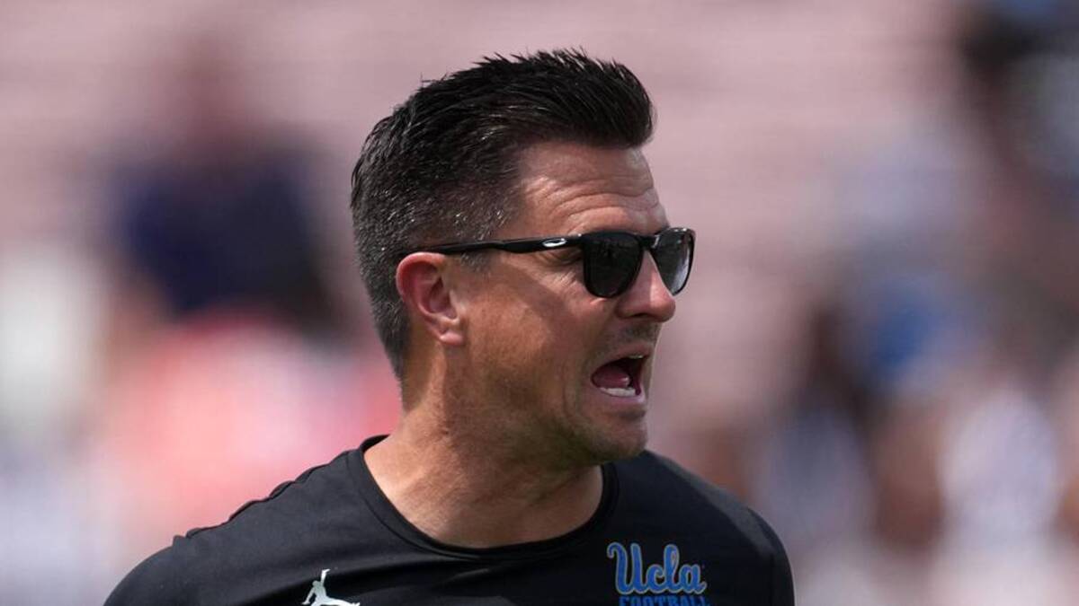  May 2, 2026; Pasadena, CA, USA; UCLA Bruins coach Bob Chesney reacts during the spring game at Rose Bowl. Mandatory Credit: Kirby Lee-Imagn Images | Kirby Lee-Imagn Images 