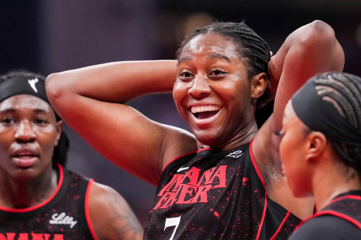  Indiana Fever forward Aliyah Boston reacts during a WNBA game. Grace Smith/IndyStar / USA TODAY NETWORK via Imagn Images