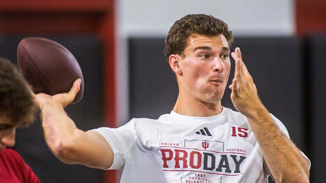  Fernando Mendoza participates in Indiana University's Pro Day at Mellencamp Pavilion on Wednesday, April 1, 2026. | Rich Janzaruk/Herald-Times / USA TODAY NETWORK via Imagn Images 
