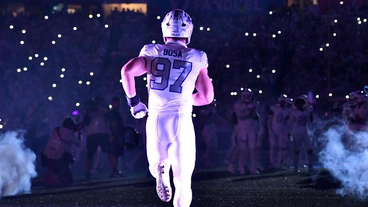  Oct 5, 2025; Orchard Park, New York, USA; Buffalo Bills defensive end Joey Bosa (97) takes the field before the game against the New England Patriots at Highmark Stadium. Mandatory Credit: Mark Konezny-Imagn Images | Mark Konezny-Imagn Images 