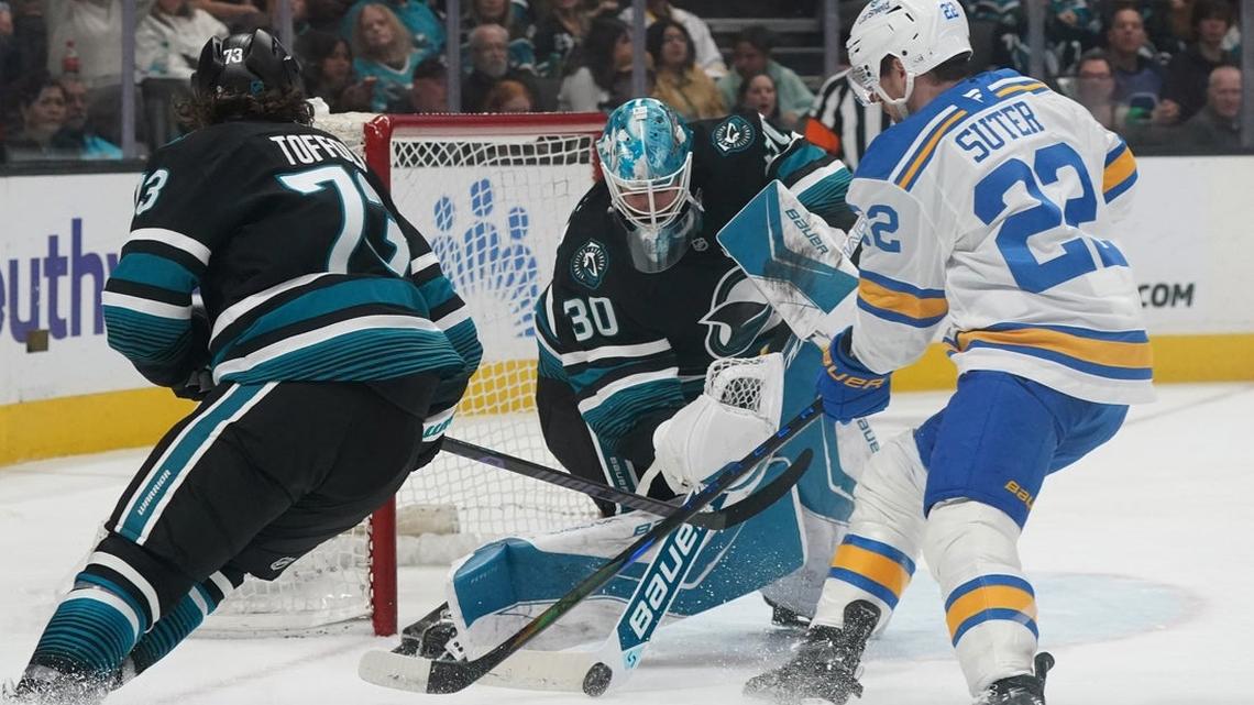 Macklin Celebrini hits 100 points in Sharks' late win over Blues 