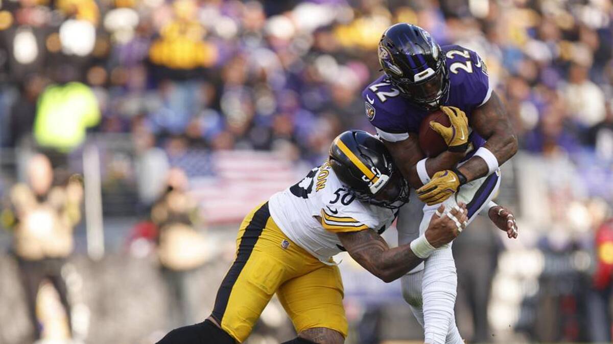  Dec 7, 2025; Baltimore, Maryland, USA; Pittsburgh Steelers linebacker Malik Harrison (50) tackles Baltimore Ravens running back Derrick Henry (22) during the first half at M&T Bank Stadium. Mandatory Credit: Peter Casey-Imagn Images | Peter Casey-Imagn Images 