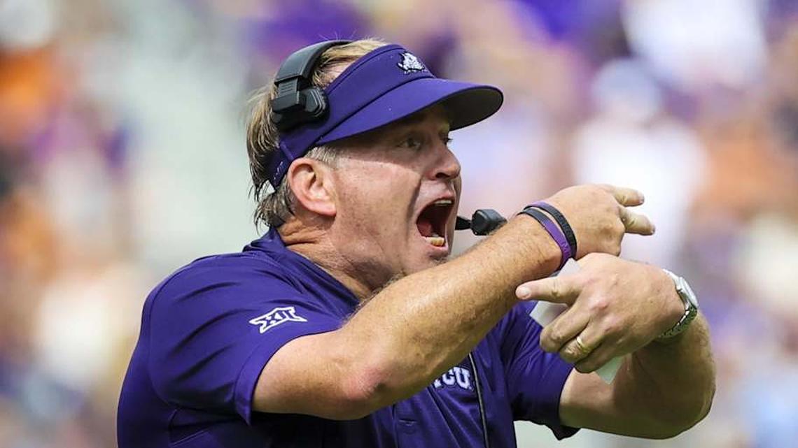  Oct 2, 2021; Fort Worth, Texas, USA; TCU Horned Frogs head coach Gary Patterson reacts during the first half against the Texas Longhorns at Amon G. Carter Stadium. Mandatory Credit: Kevin Jairaj-Imagn Images | Kevin Jairaj-Imagn Images 