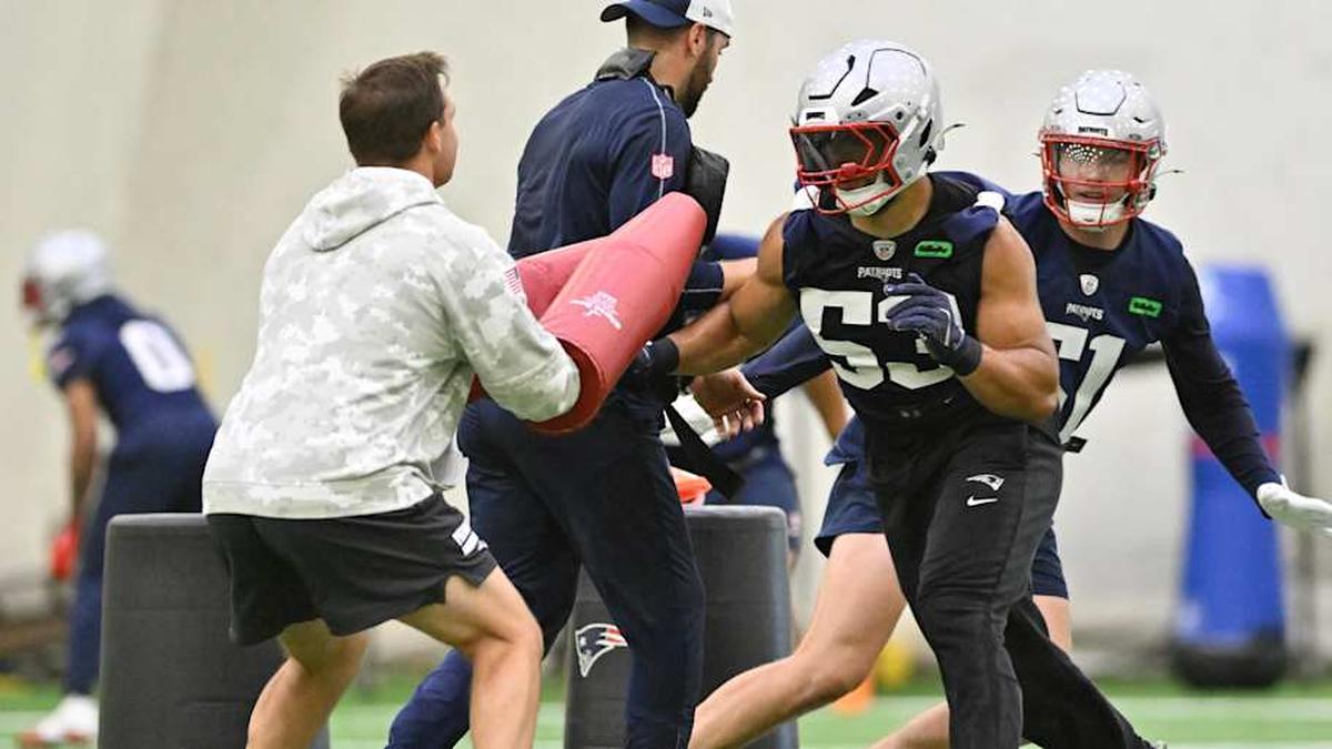  Jun 10, 2025; Foxborough, MA, USA; New England Patriots linebacker Christian Elliss (53) works with a coaching assistant during minicamp held in the WIN Field House at Gillette Stadium. Mandatory Credit: Eric Canha-Imagn Images | Eric Canha-Imagn Images 
