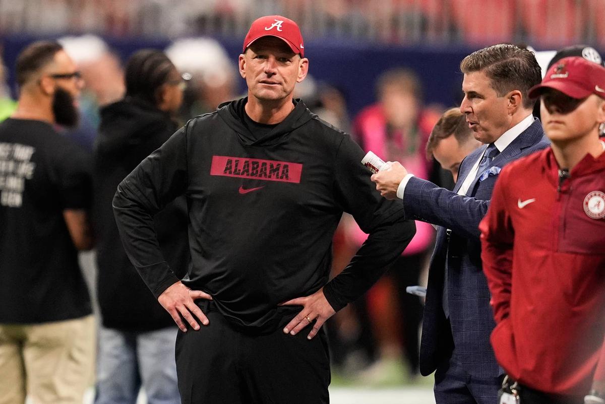  Dec 6, 2025; Atlanta, GA, USA; Alabama Crimson Tide head coach Kalen Deboer looks on before the game against the Georgia Bulldogs during the 2025 SEC Championship game at Mercedes-Benz Stadium. Mandatory Credit: Dale Zanine-Imagn Images 