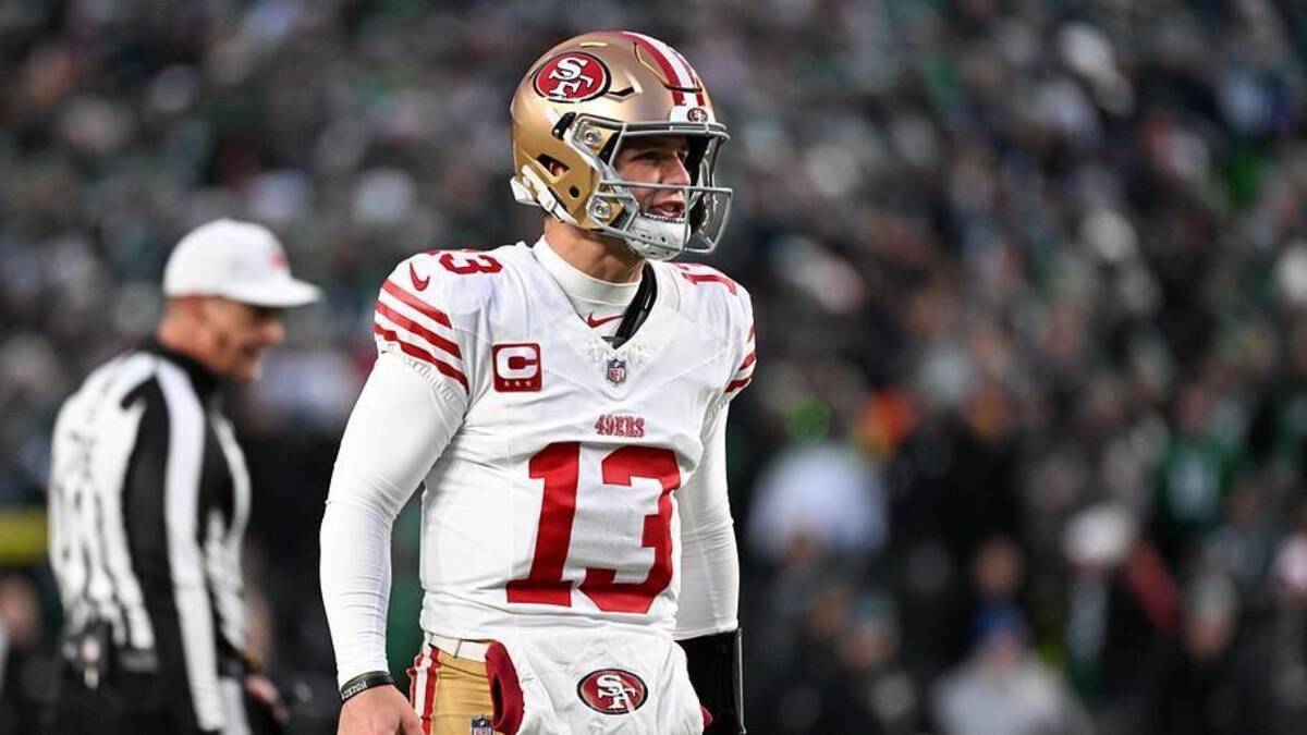  Jan 11, 2026; Philadelphia, PA, USA; San Francisco 49ers quarterback Brock Purdy (13) reacts after a play against the Philadelphia Eagles during the first quarter in an NFC Wild Card Round game at Lincoln Financial Field. Mandatory Credit: Eric Hartline-Imagn Images | Eric Hartline-Imagn Images 
