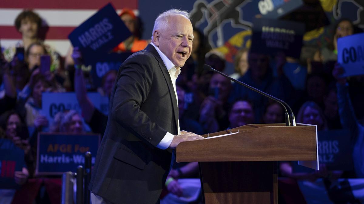 FILE -- Gov. Tim Walz of Minnesota, then the Democratic vice presidential candidate, speaks during a rally in Scranton, Pa., Oct. 25, 2024. The Democratic National Committee on Thursday, May 21, 2026, released a nearly 200-page draft of an internal autopsy of what went wrong in the 2024 campaign, which includes no coverage of the selection of  Walz as the vice presidential running mate. (Ruth Fremson/The New York Times)