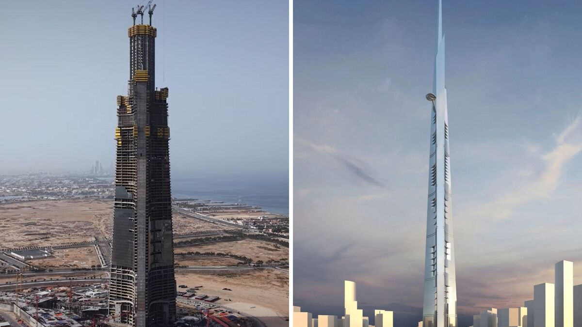 The Jeddah Tower, pictured in June 2026 (left); a rendering of the tower (right). 