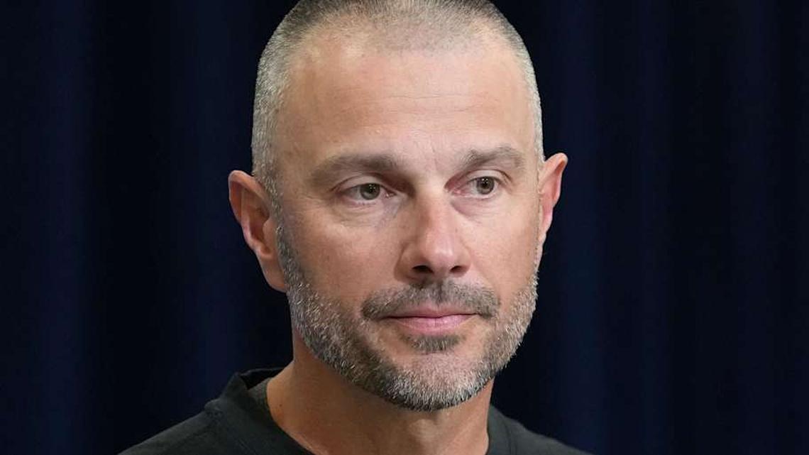  Feb 24, 2026; Indianapolis, IN, USA; Las Vegas Raiders general manager John Spytek speaks at the NFL Scouting Combine at the Indiana Convention Center. Mandatory Credit: Kirby Lee-Imagn Images | Kirby Lee-Imagn Images 