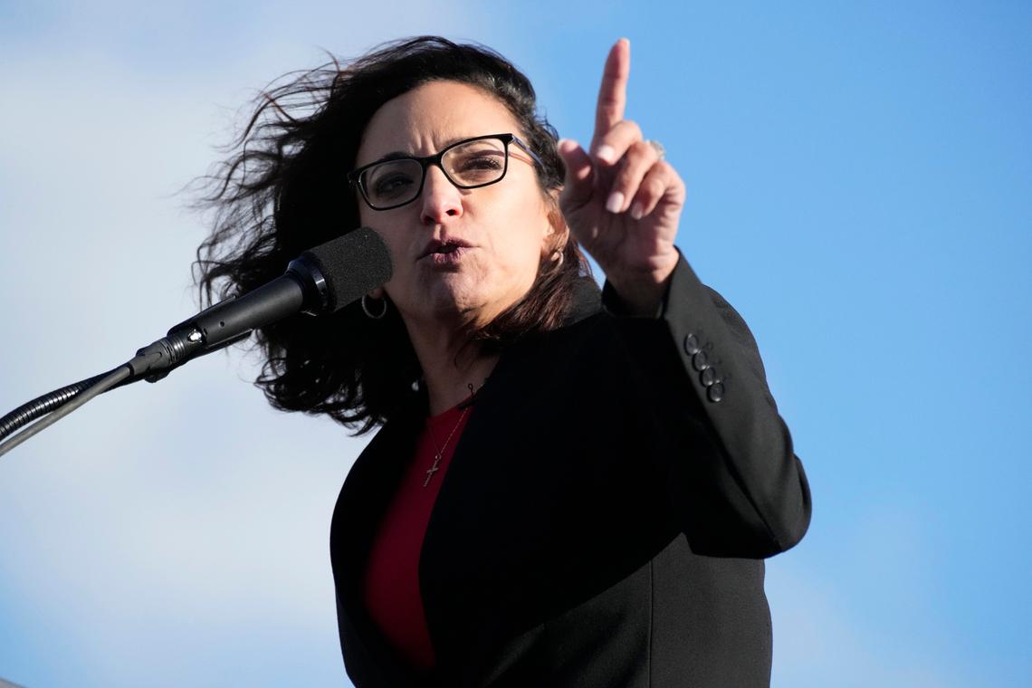 Former state Rep. Katie Arrington speaks to a crowd gathered to hear former President Donald Trump, Saturday, March 12, 2022, in Florence, S.C. Trump has endorsed Arrington and another Republican mounting primary challenges to incumbent House members who have been critical of him.