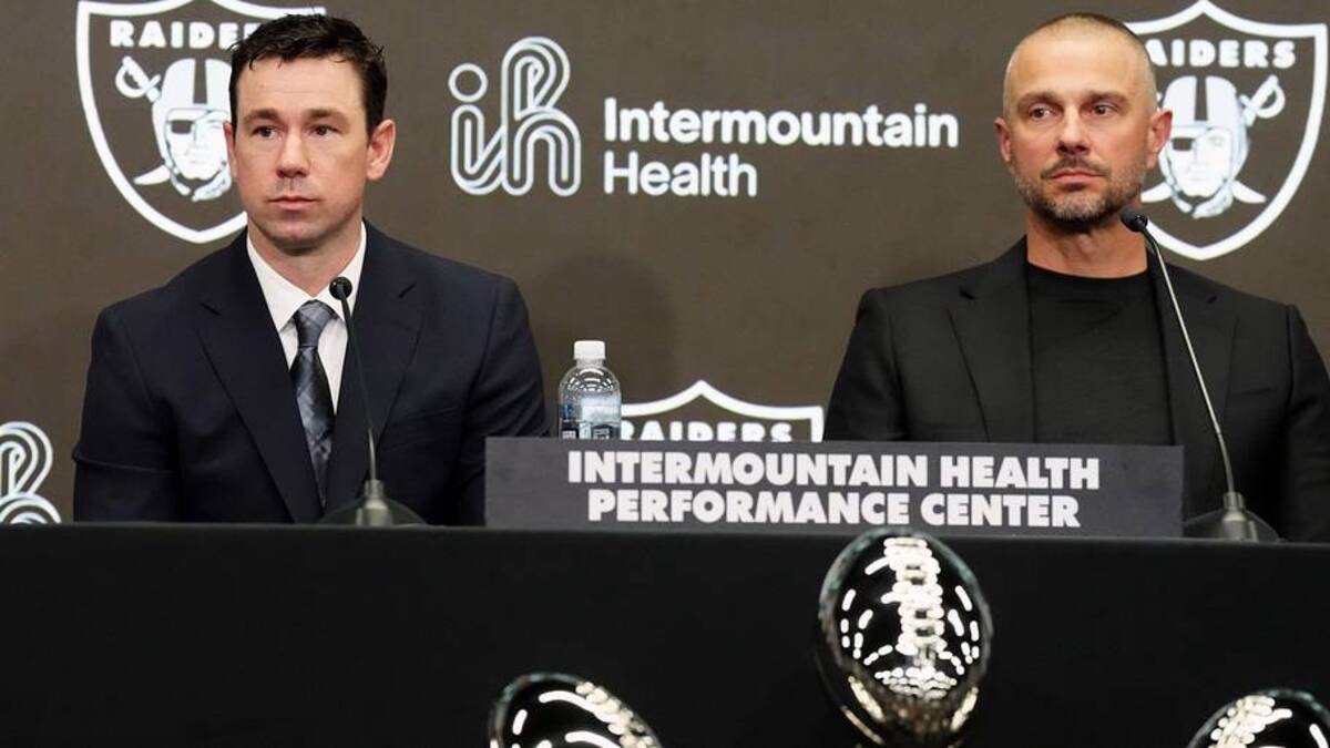  Feb 10, 2026; Henderson, NV, USA; Las Vegas Raiders coach Klint Kubiak (left) and general manager John Spytek at introductory press conference at Intermountain Health Performance Center. Mandatory Credit: Kirby Lee-Imagn Images | Kirby Lee-Imagn Images 