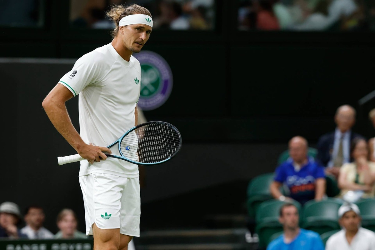  Jun 30, 2025; Wimbledon, United Kingdom; Alexander Zverev (GER) reacts after missing a shot against Arthur Rinderknech (FRA)(not pictured) on day one of The Championships, Wimbledon 2025 at All England Lawn Tennis and Croquet Club. 