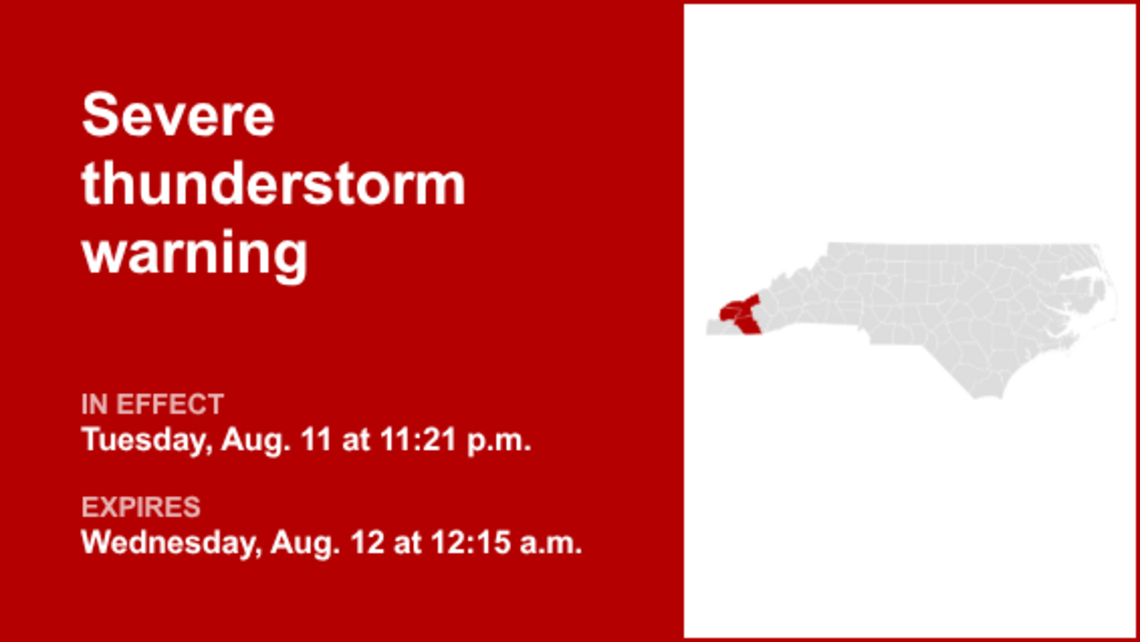 Severe thunderstorm warning issued for Western North Carolina until early Wednesday 