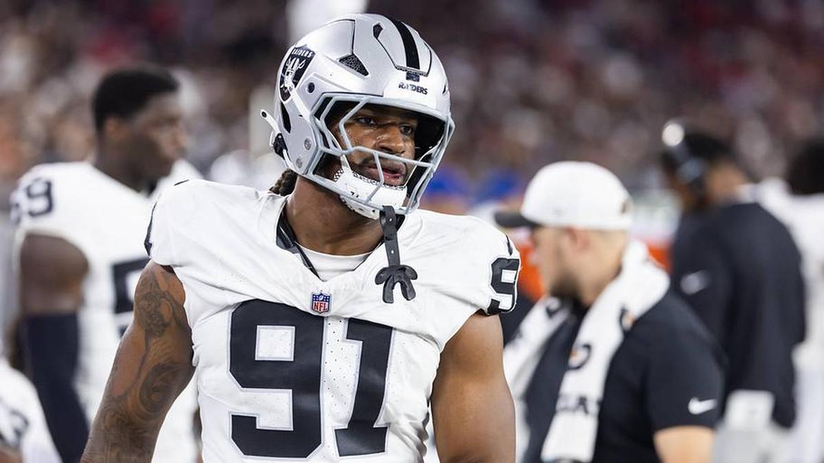  Aug 23, 2025; Glendale, Arizona, USA; Las Vegas Raiders defensive end Jahfari Harvey (91) against the Arizona Cardinals during a preseason NFL game at State Farm Stadium. Mandatory Credit: Mark J. Rebilas-Imagn Images | Mark J. Rebilas-Imagn Images 