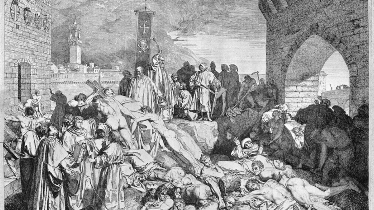 The plague of Florence in 1348, as described in Boccaccio's painting. (Wellcome Collection via Wikimedia Commons). 