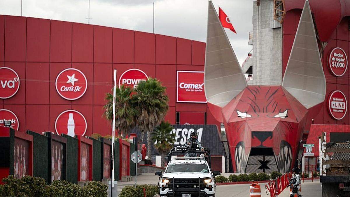 A National Guard vehicle patrols the surroundings of the Caliente Stadium in Tijuana, Baja California state, Mexico, on Thursday. It is where Iran has relocated its training camp ahead of the 2026 FIFA World Cup. 