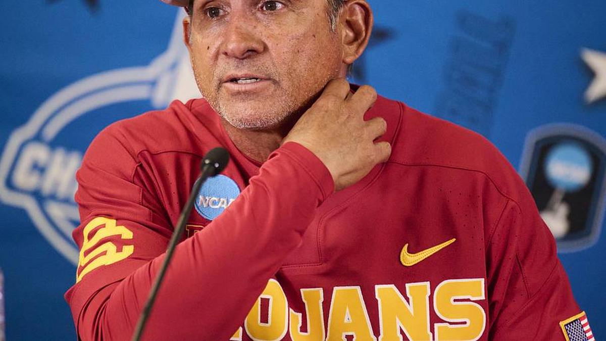  May 31, 2025; Corvallis, OR, USA; USC head coach Andy Stankiewicz takes questions after a game against Saint Mary's at the NCAA Corvallis Regional at Goss Stadium. Mandatory Credit: Troy Wayrynen-Imagn Images | Troy Wayrynen-Imagn Images 