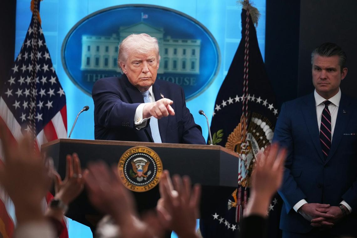  President Donald Trump and Defense Secretary Pete Hegseth conduct a news conference in the White House briefing room about the war in Iran on April 6, 2026. Tom Williams/CQ-Roll Call, Inc via Getty Images 
